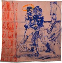 Johnny O’Brady - ALI! ALI! ALI! (Ali vs Holmes, October 2, 1980). mixed media on canvas, approx. 59 x 61″
